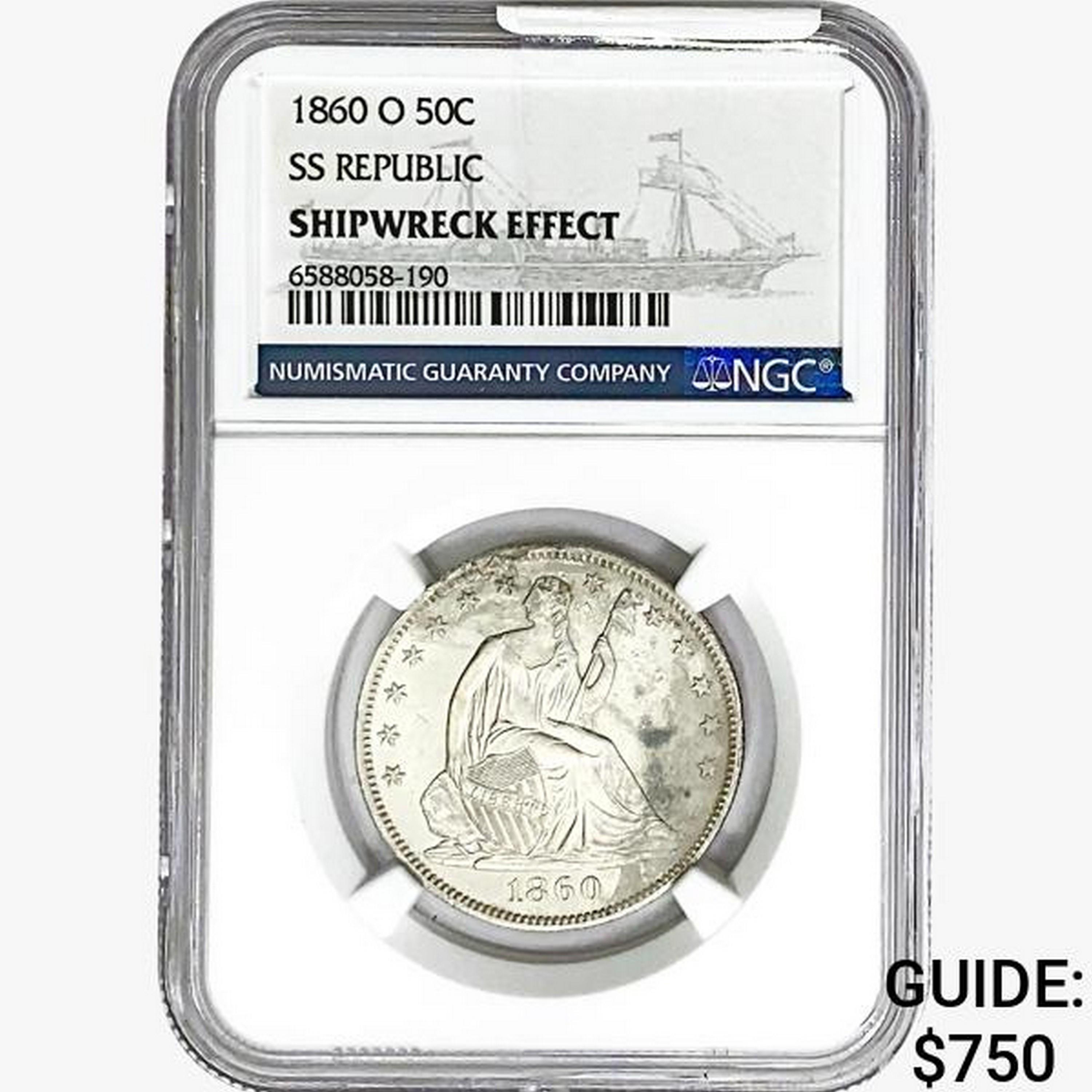 1860-O Seated Lib. 50C NGC Shipwreck Effect SS REP