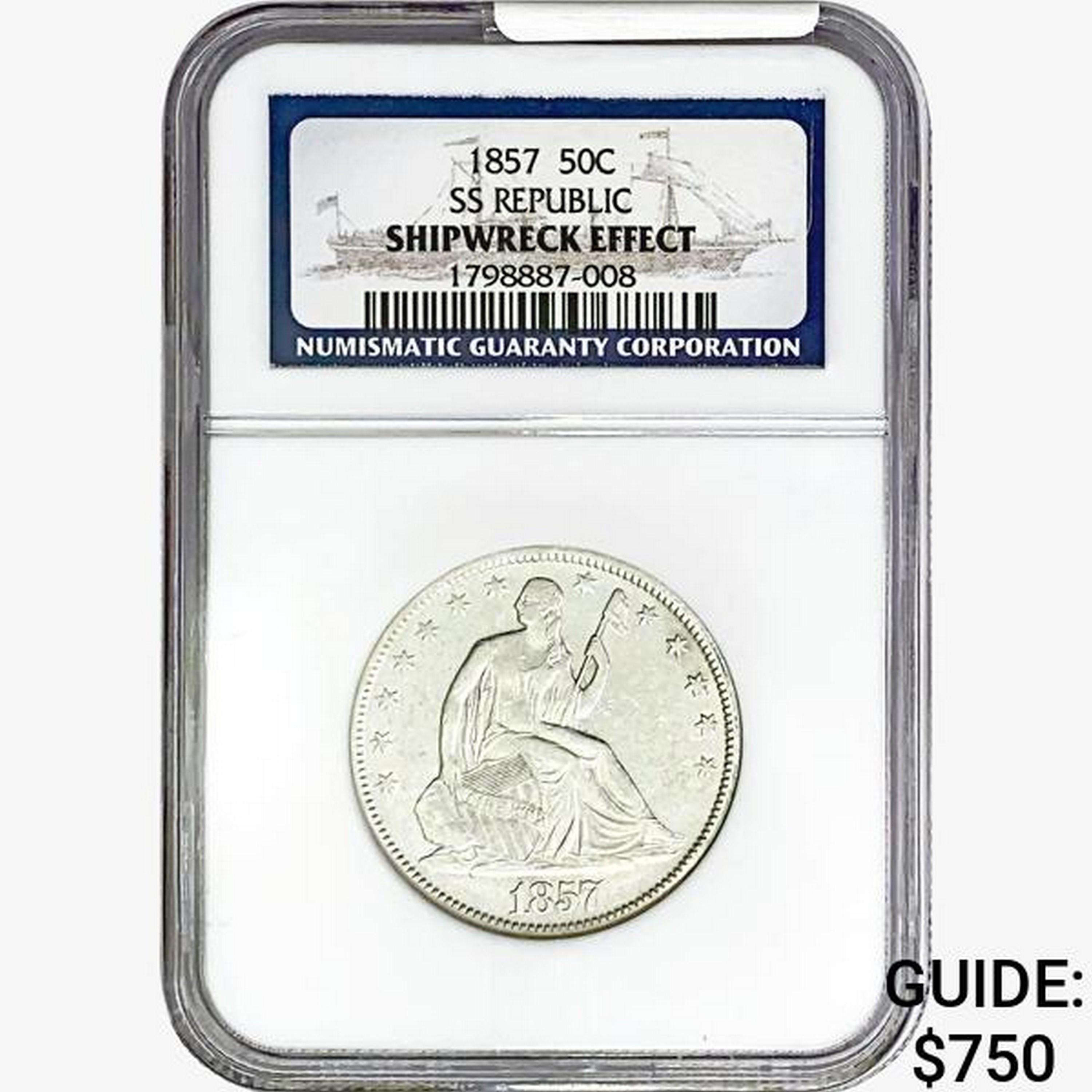 1857 Seated Lib. 50C NGC Shipwreck Effect SS REP.