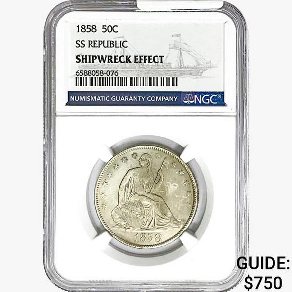 1858 Seated Lib. 50C NGC Shipwreck Effect SS REP.