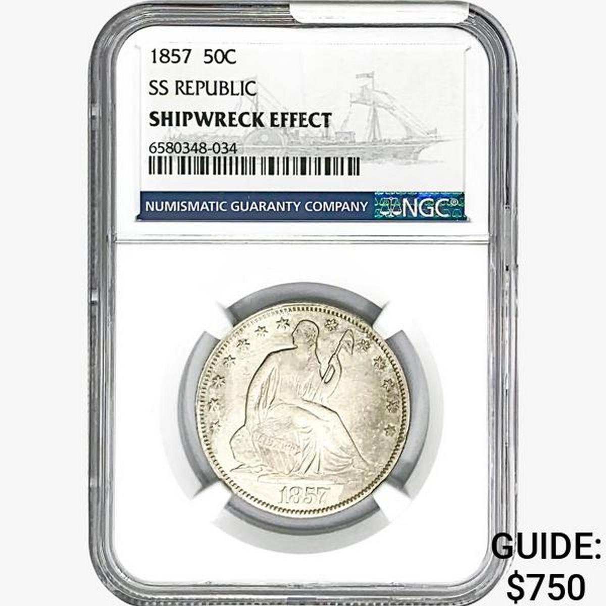 1857 Seated Lib. 50C NGC Shipwreck Effect SS REP.