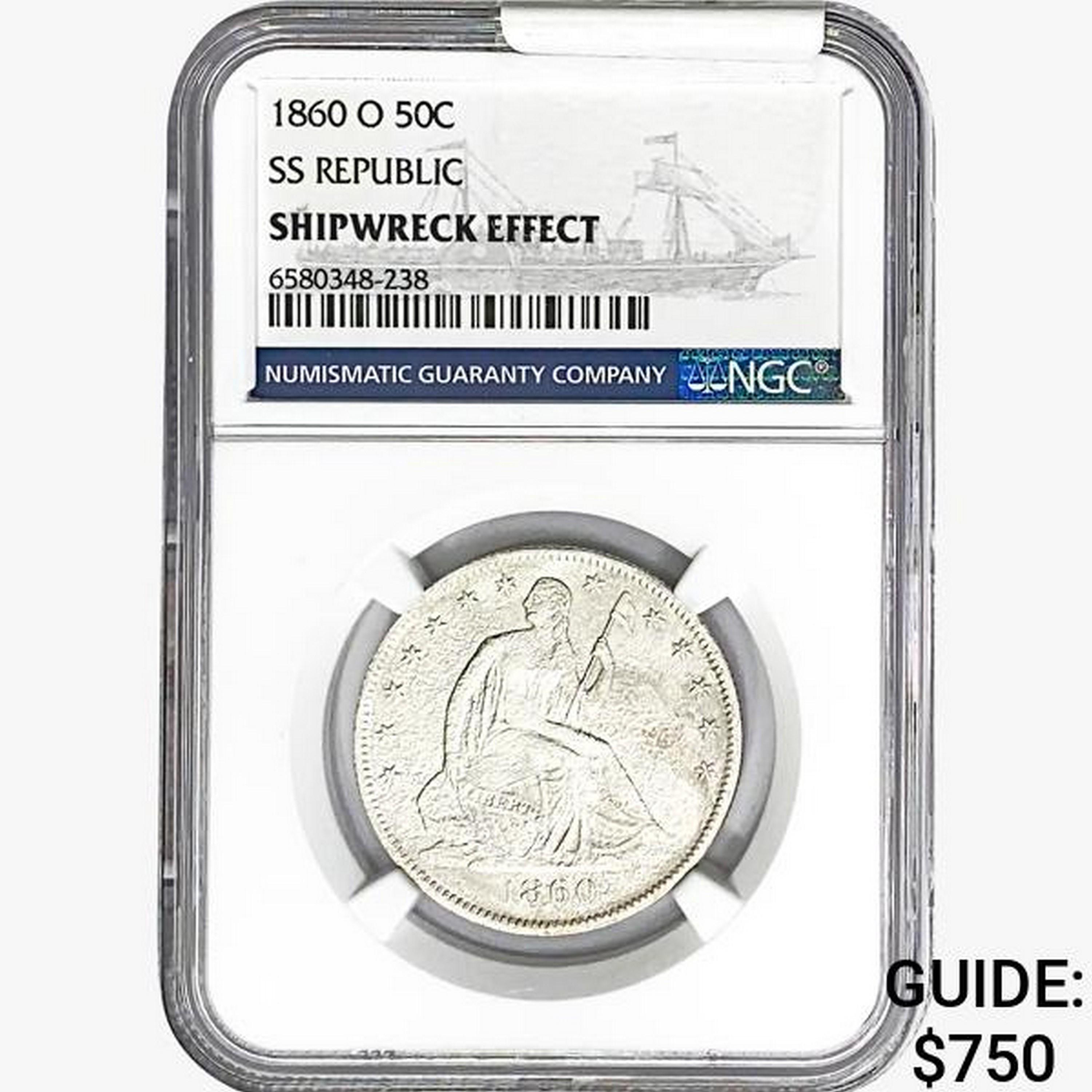 1860-O Seated Lib. 50C NGC Shipwreck Effect SS REP