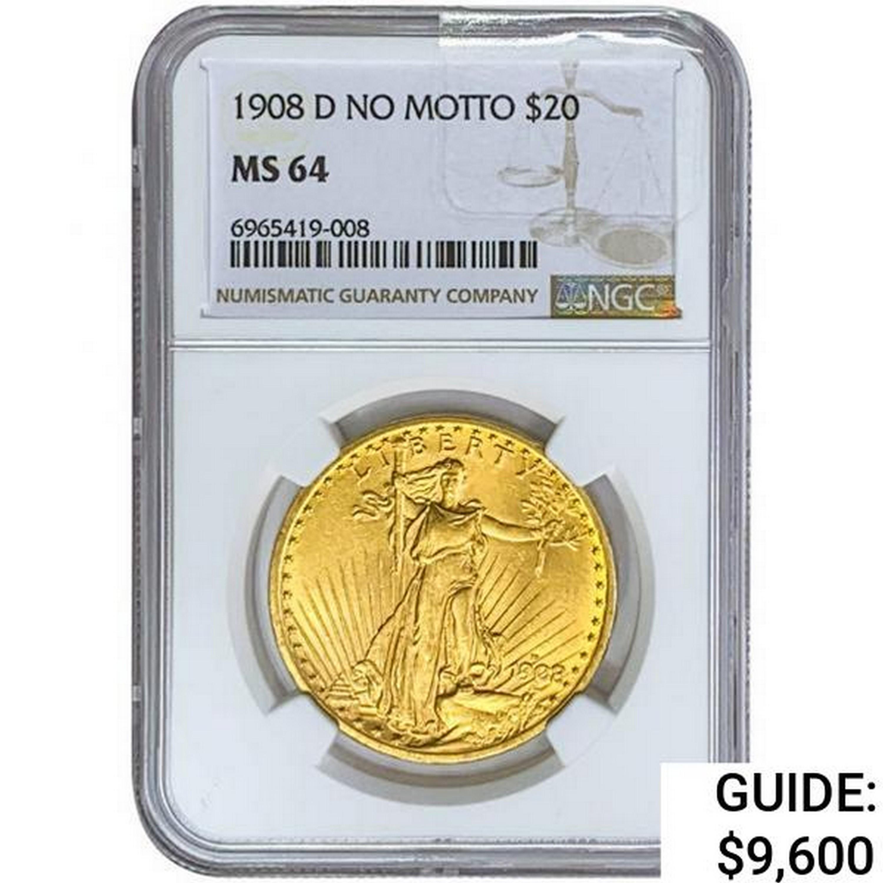 1908-D $20 Gold Double Eagle NGC MS64 No Motto