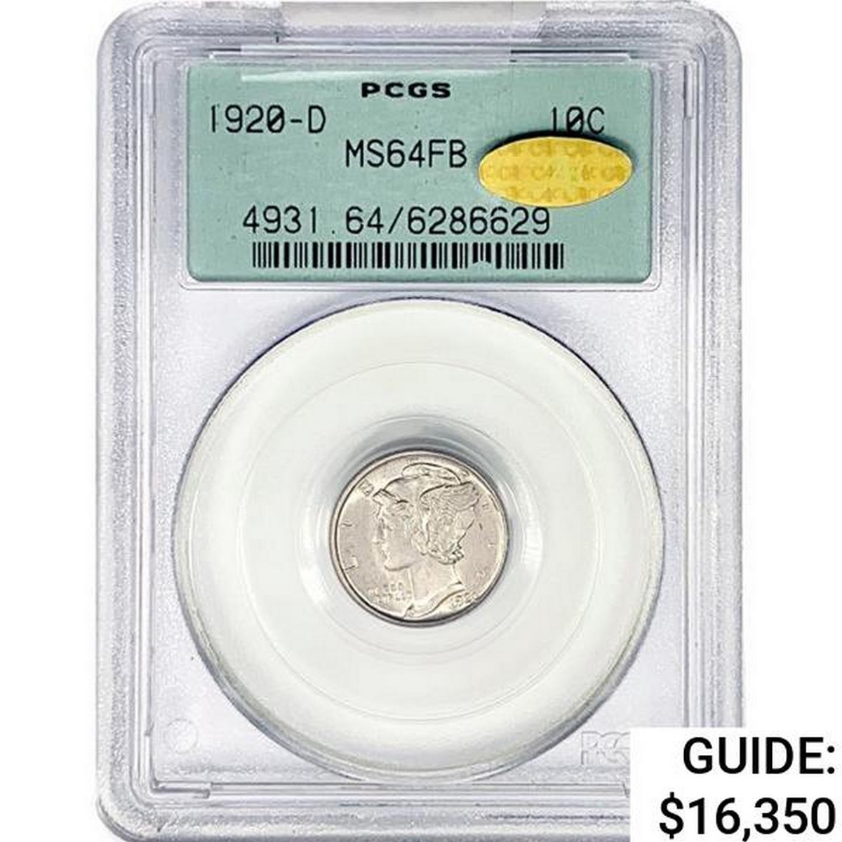 1920-D CAC Mercury Silver Dime PCGS MS64 FB