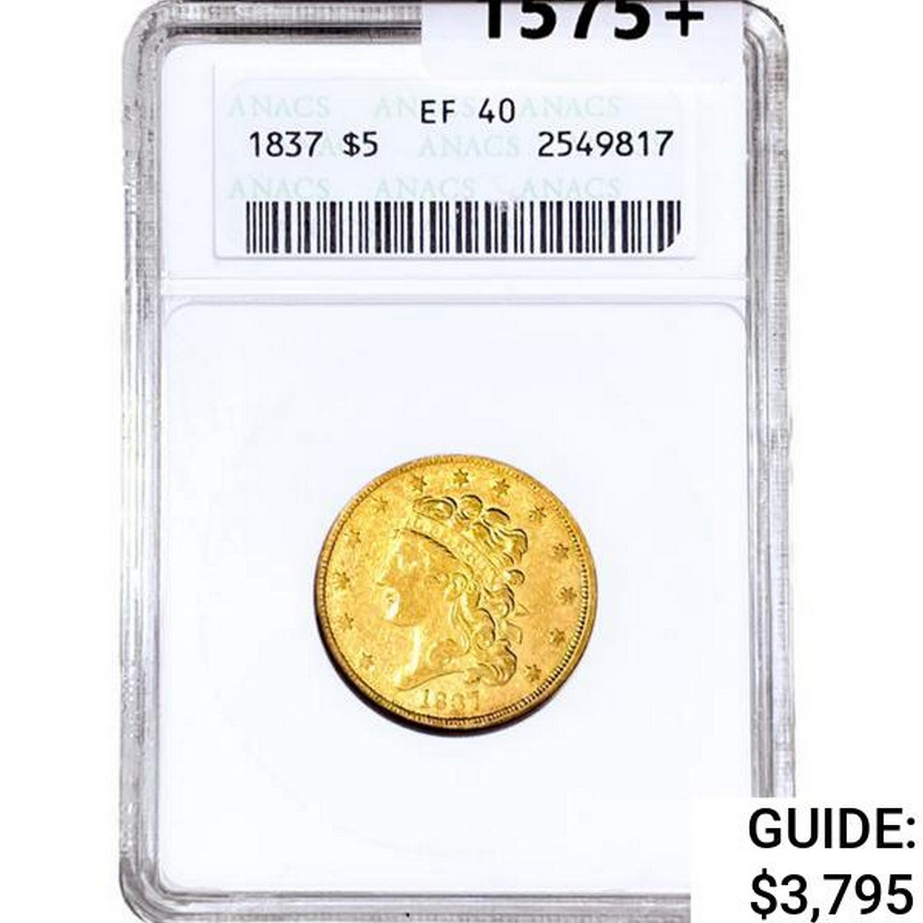 1837 $5 Gold Half Eagle ANACS EF40