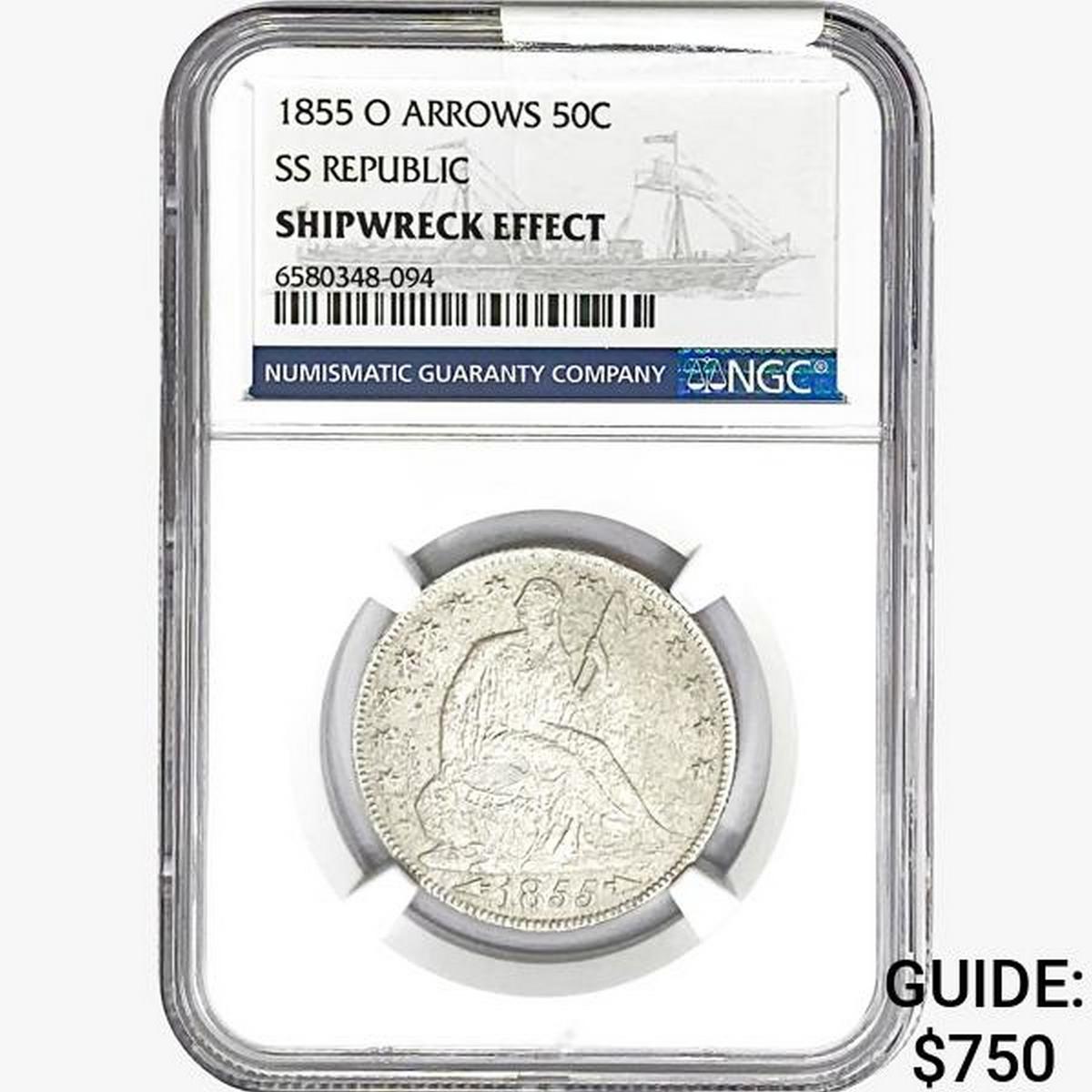 1855-O Seated Lib. 50C NGC Shipwreck Effect SS REP