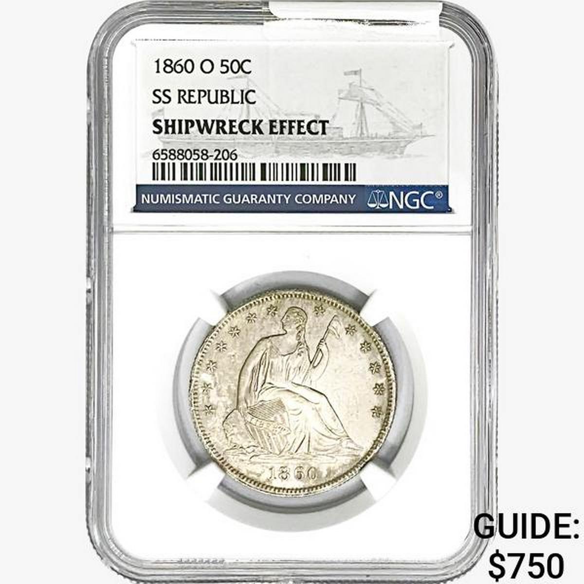 1860-O Seated Lib. 50C NGC Shipwreck Effect SS REP