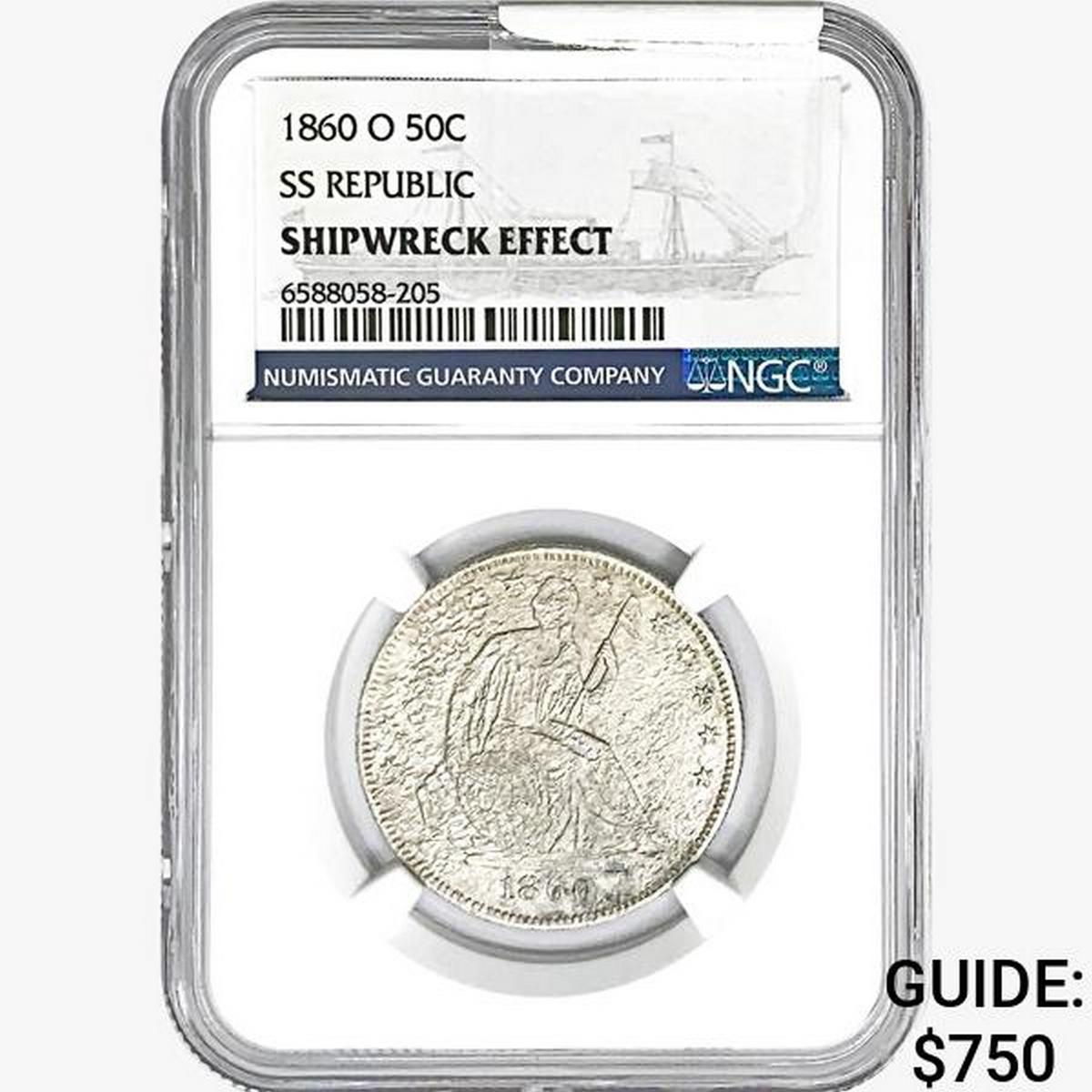 1860-O Seated Lib. 50C NGC Shipwreck Effect SS REP