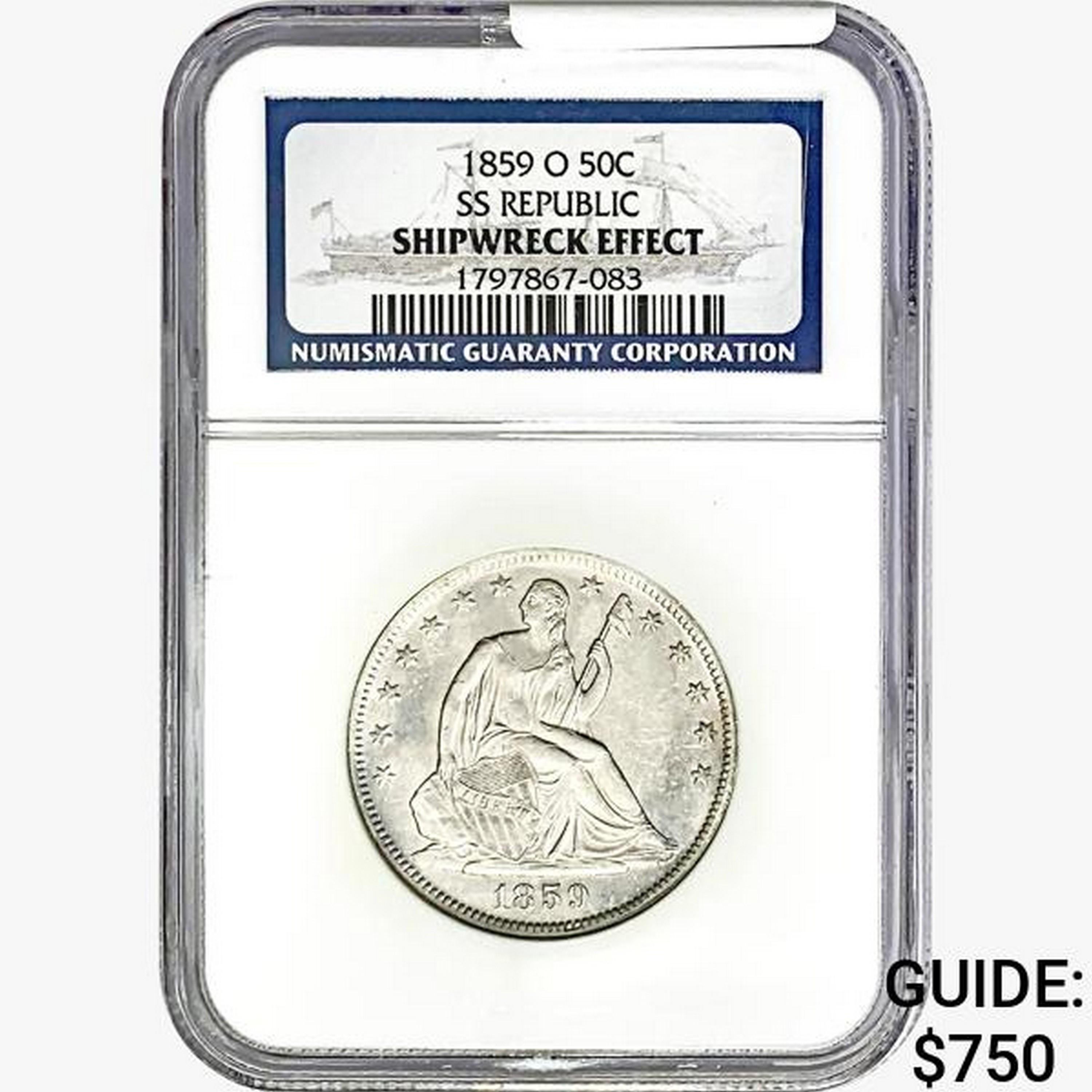 1859-O Seated Lib. 50C NGC Shipwreck Effect SS REP