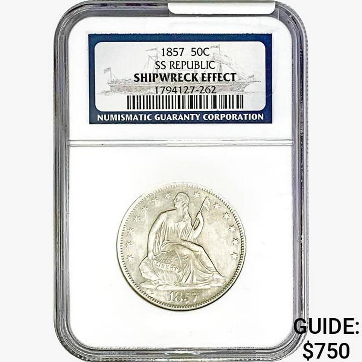 1857 Seated Lib. 50C NGC Shipwreck Effect SS REP.