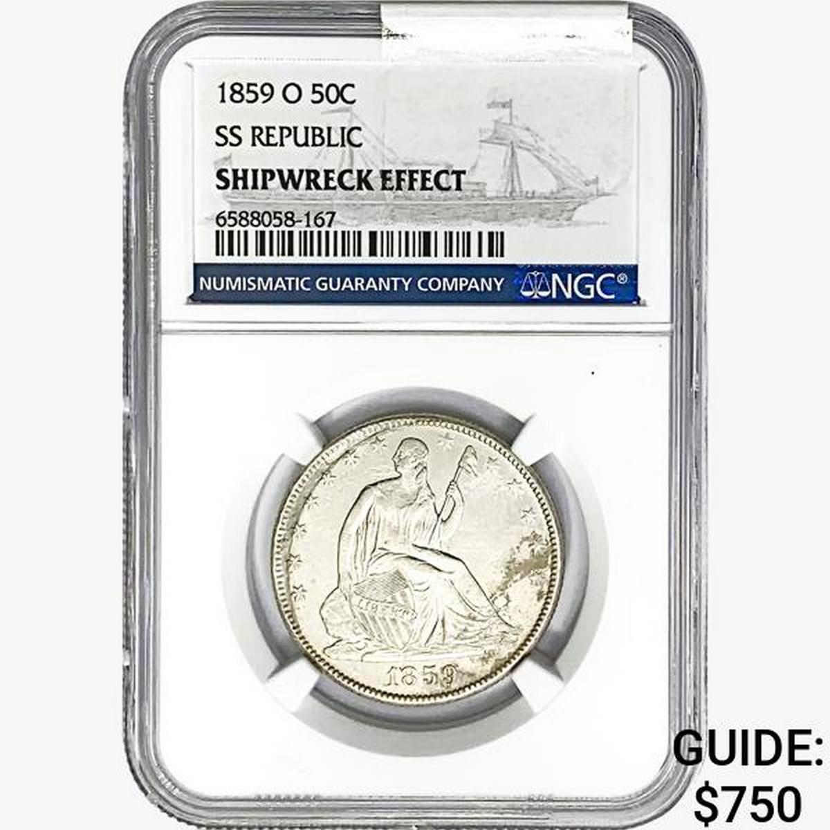 1859-O Seated Lib. 50C NGC Shipwreck Effect SS REP