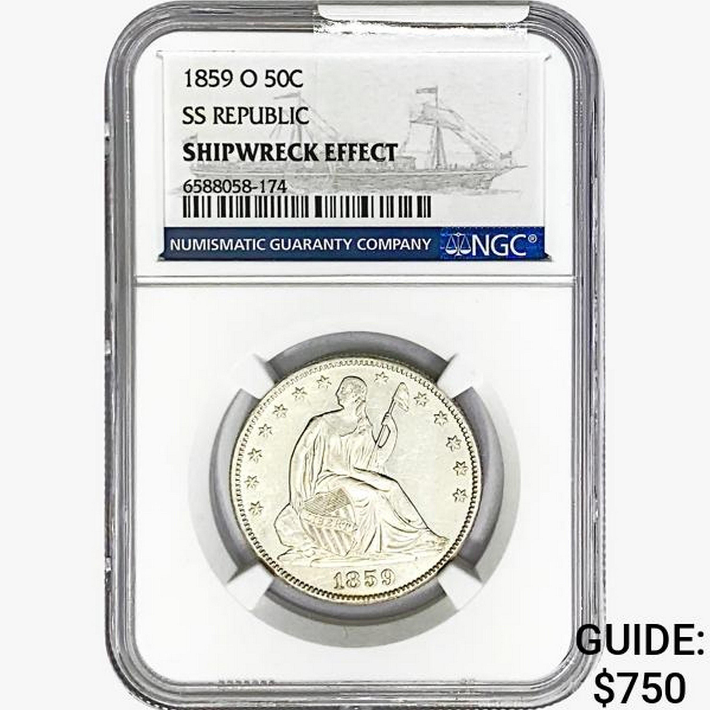 1859-O Seated Lib. 50C NGC Shipwreck Effect SS REP