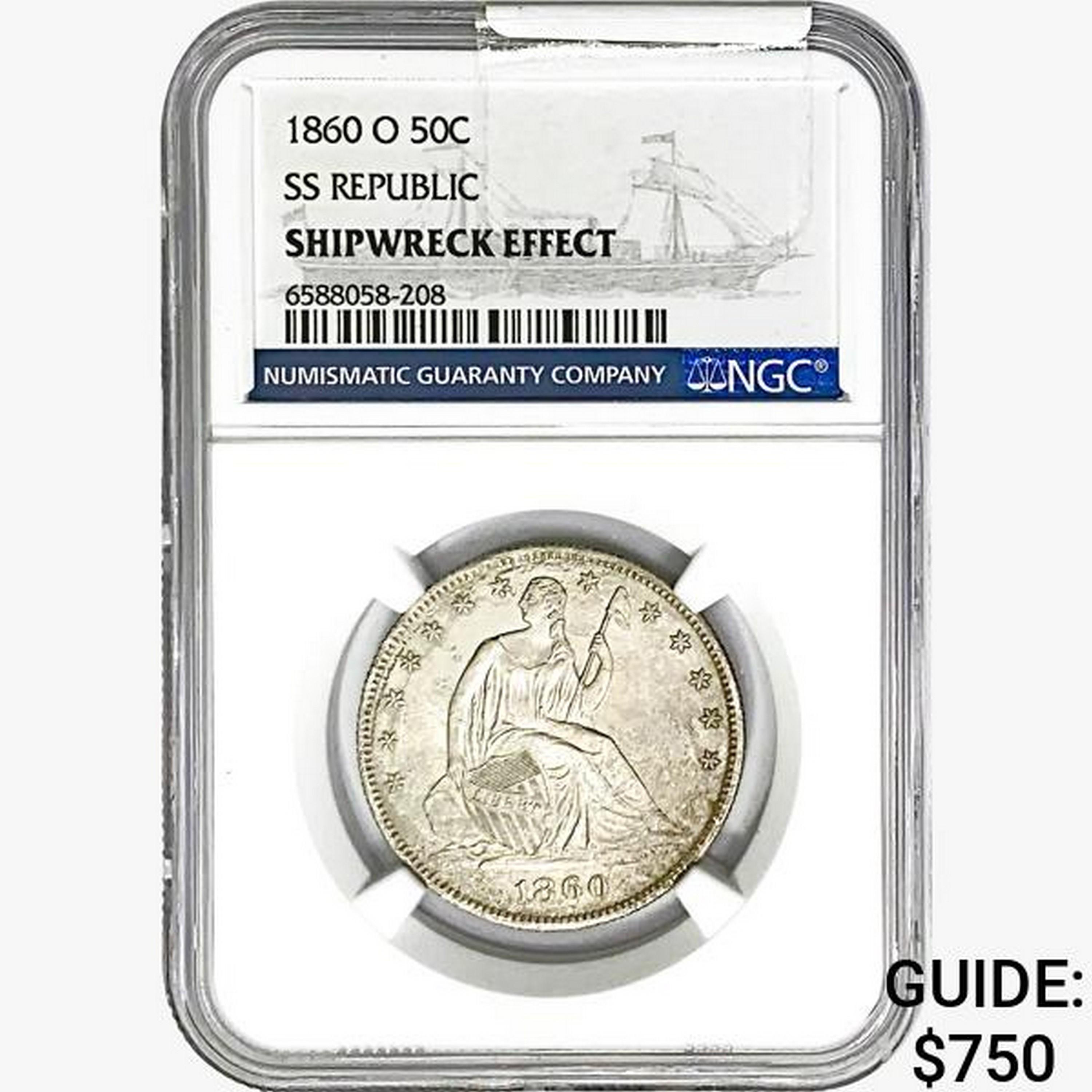 1860-O Seated Lib. 50C NGC Shipwreck Effect SS REP