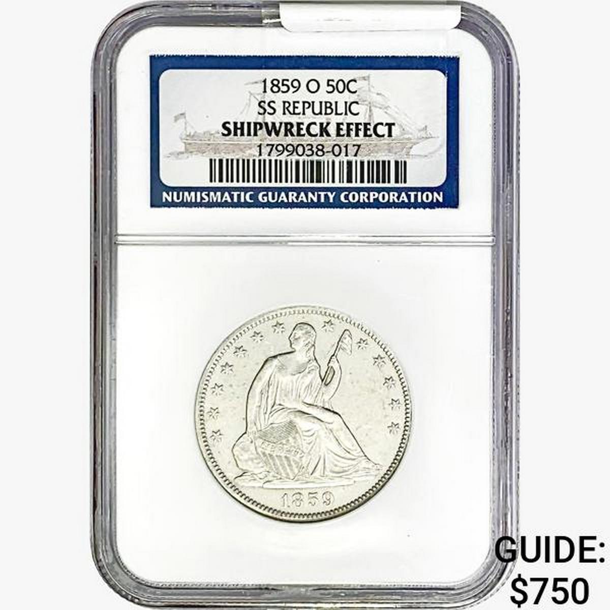 1859-O Seated Lib. 50C NGC Shipwreck Effect SS REP