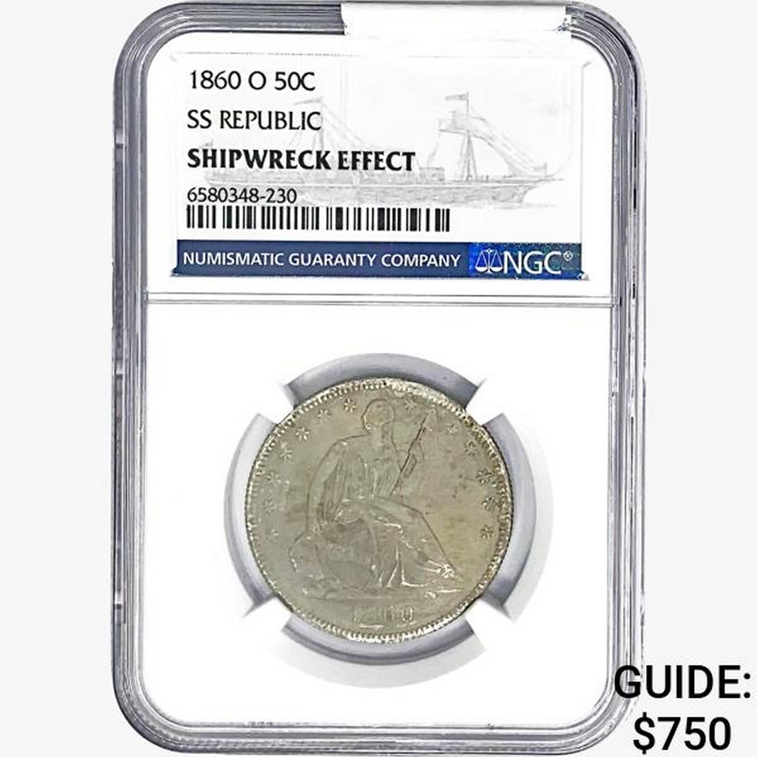 1860-O Seated Lib. 50C NGC Shipwreck Effect SS REP