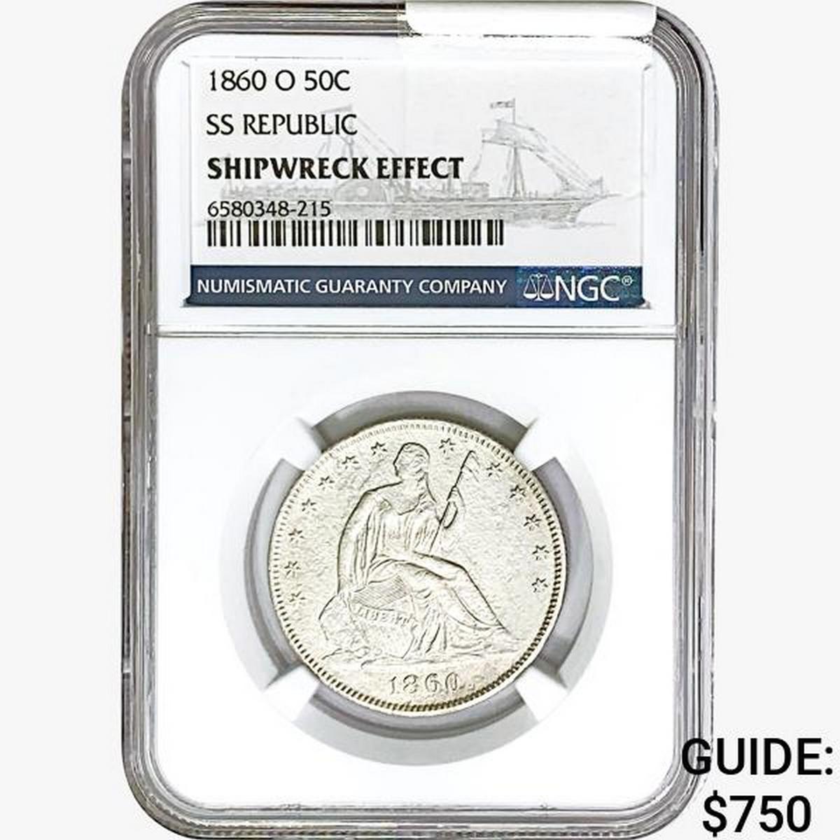 1860-O Seated Lib. 50C NGC Shipwreck Effect SS REP