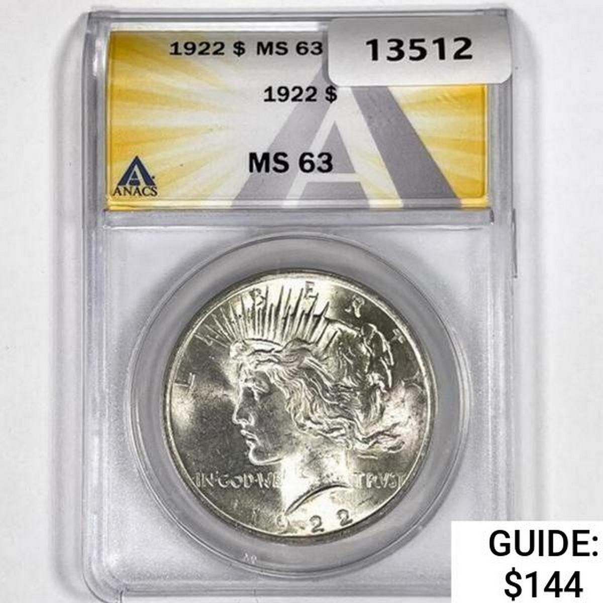 1922 Silver Peace Dollar ANACS MS63