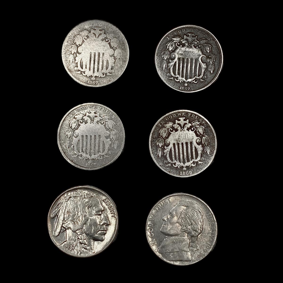 [6] Varied US Nickels ((3) 1867, 1869, 1937, 1993)