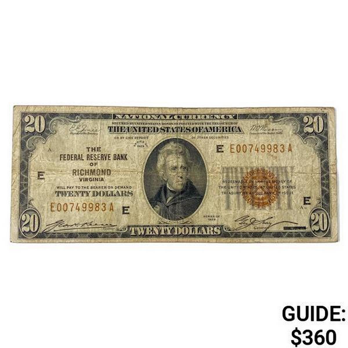 1929 $20 US Bank of Richmond, VA Fed Res Note