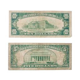 1929 $5 & $10 Fed Res Notes (2 Items)