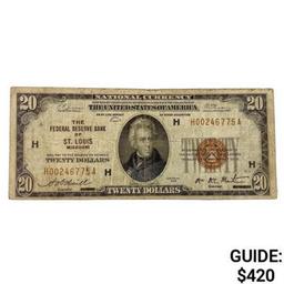 1929 $20 US St Louis Bank, MO Fed Res Note