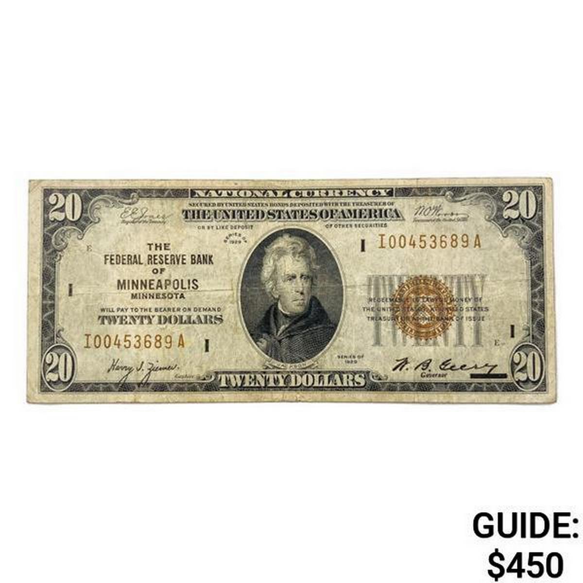 1929 $20 US MinneapolIs Bank, MO Fed Res Note