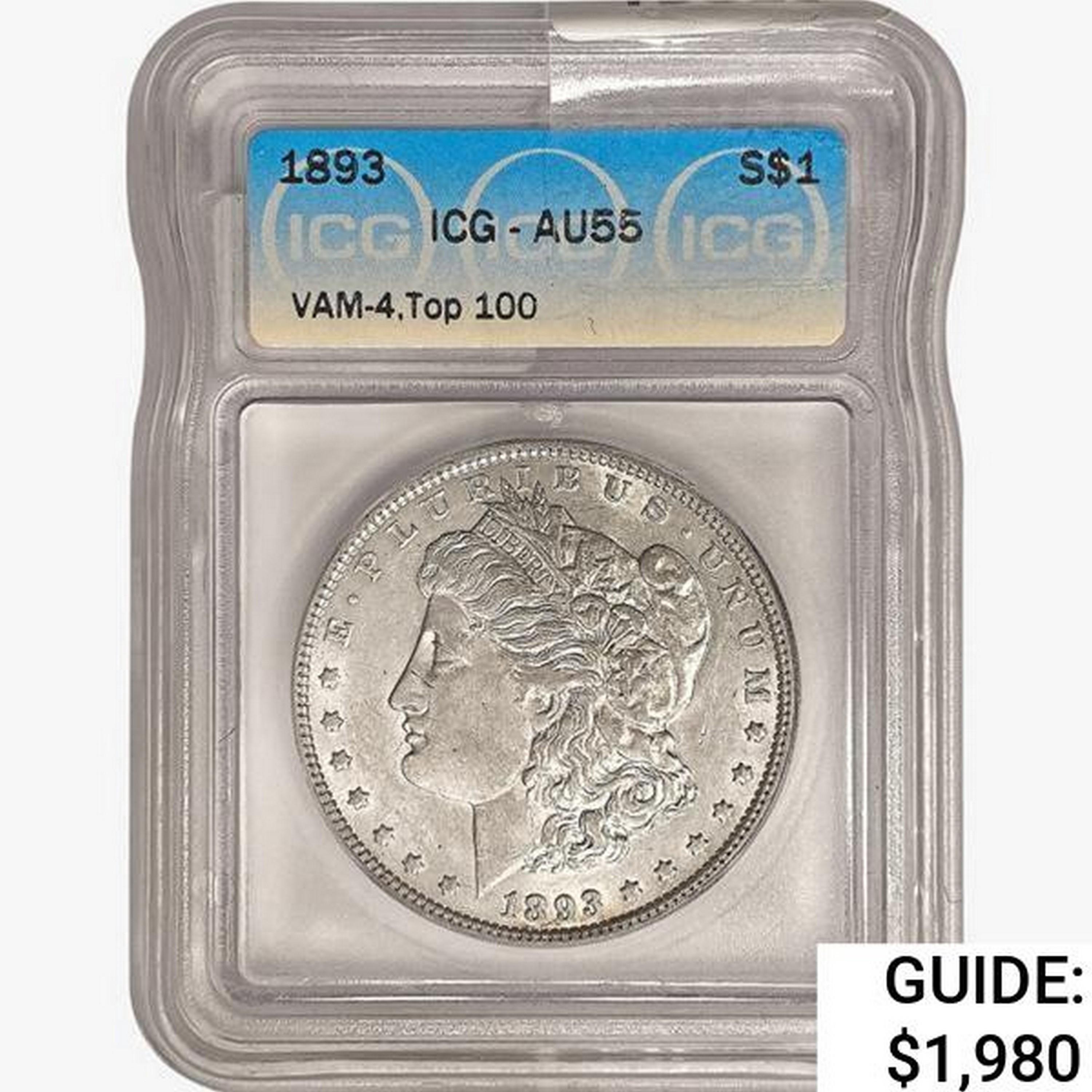 1893 Morgan Silver Dollar ICG AU55 VAM-4