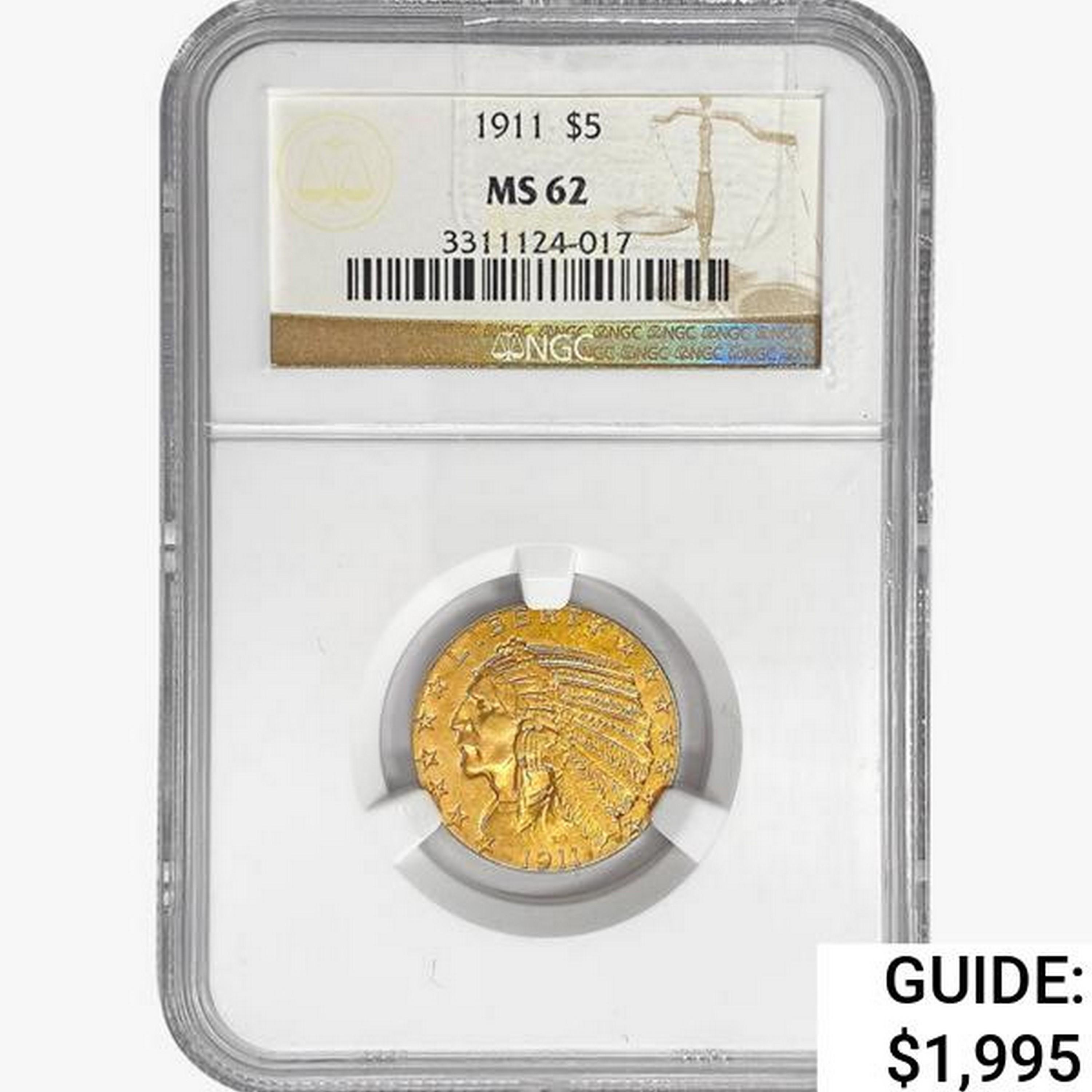 1911 $5 Gold Half Eagle NGC MS62