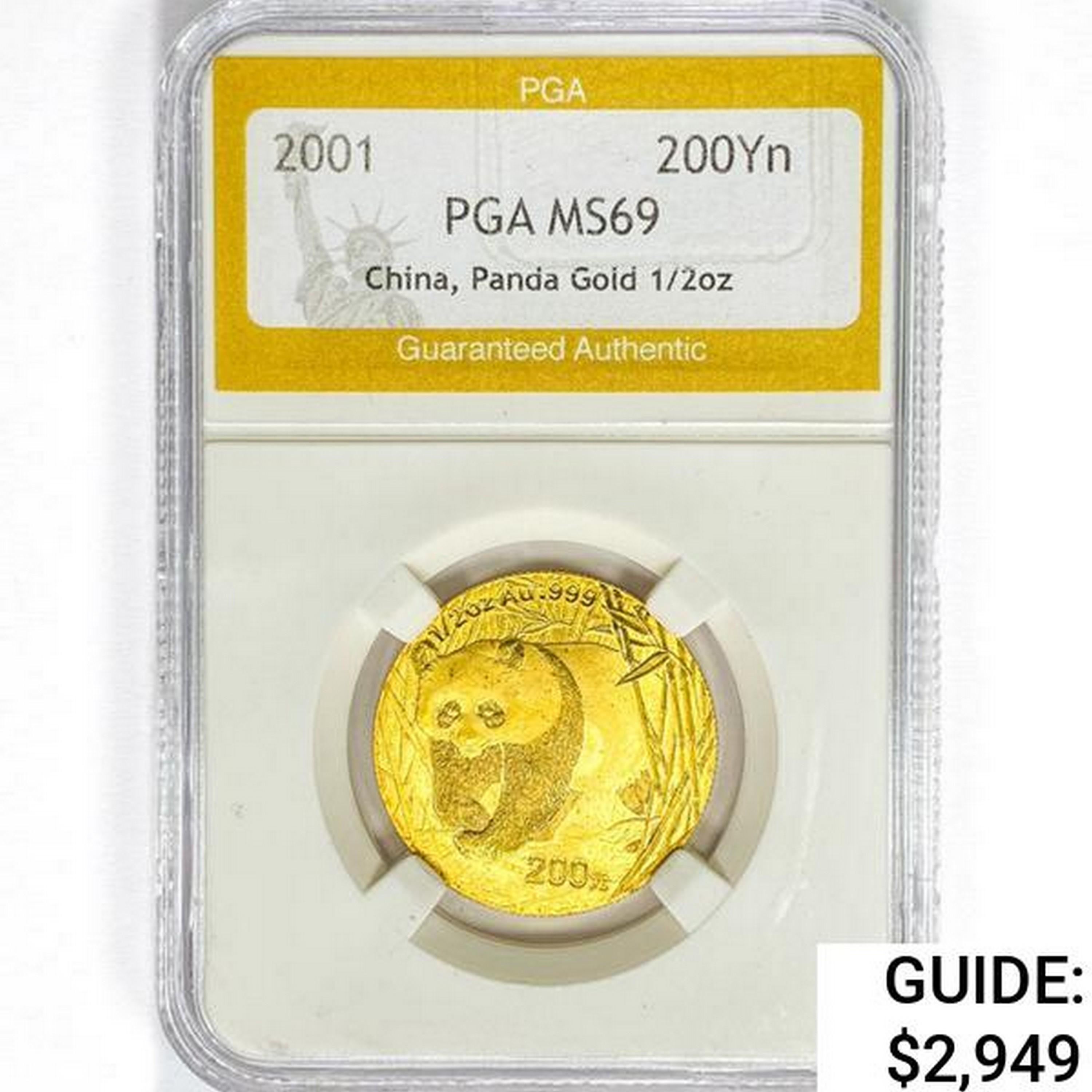 2001 200 Yen China Panda 1/2oz. Gold PGA MS69