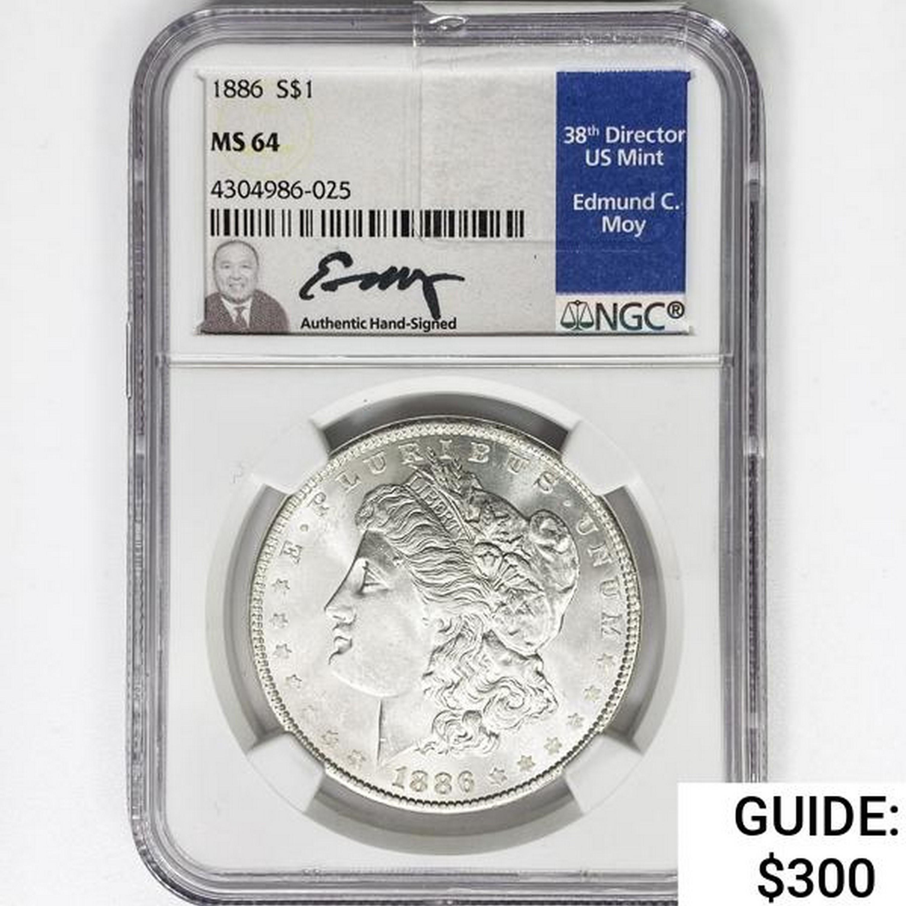 1886 Morgan Silver Dollar NGC MS64 Signed Moy