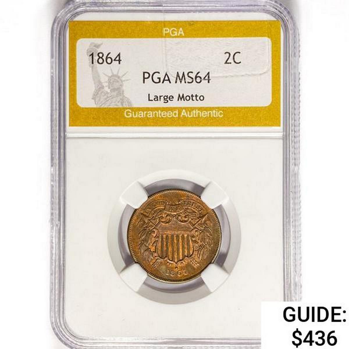 1864 Two Cent Piece PGA MS64 Large Motto