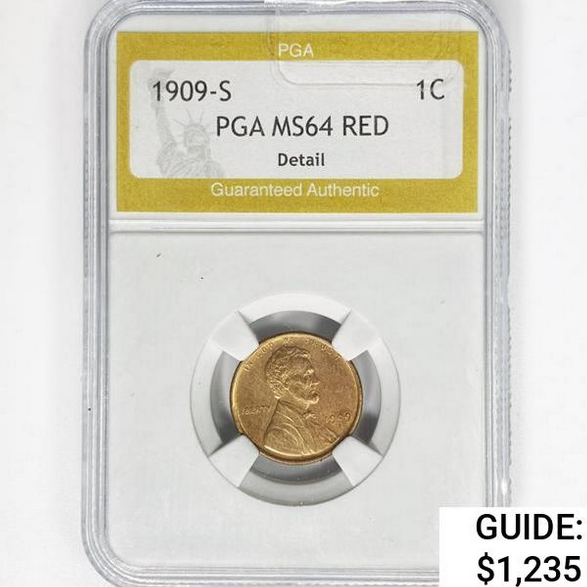 1909-S Wheat Cent PGA MS64 RED, Detail