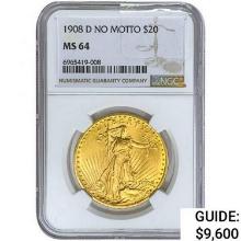 1908-D $20 Gold Double Eagle NGC MS64 No Motto