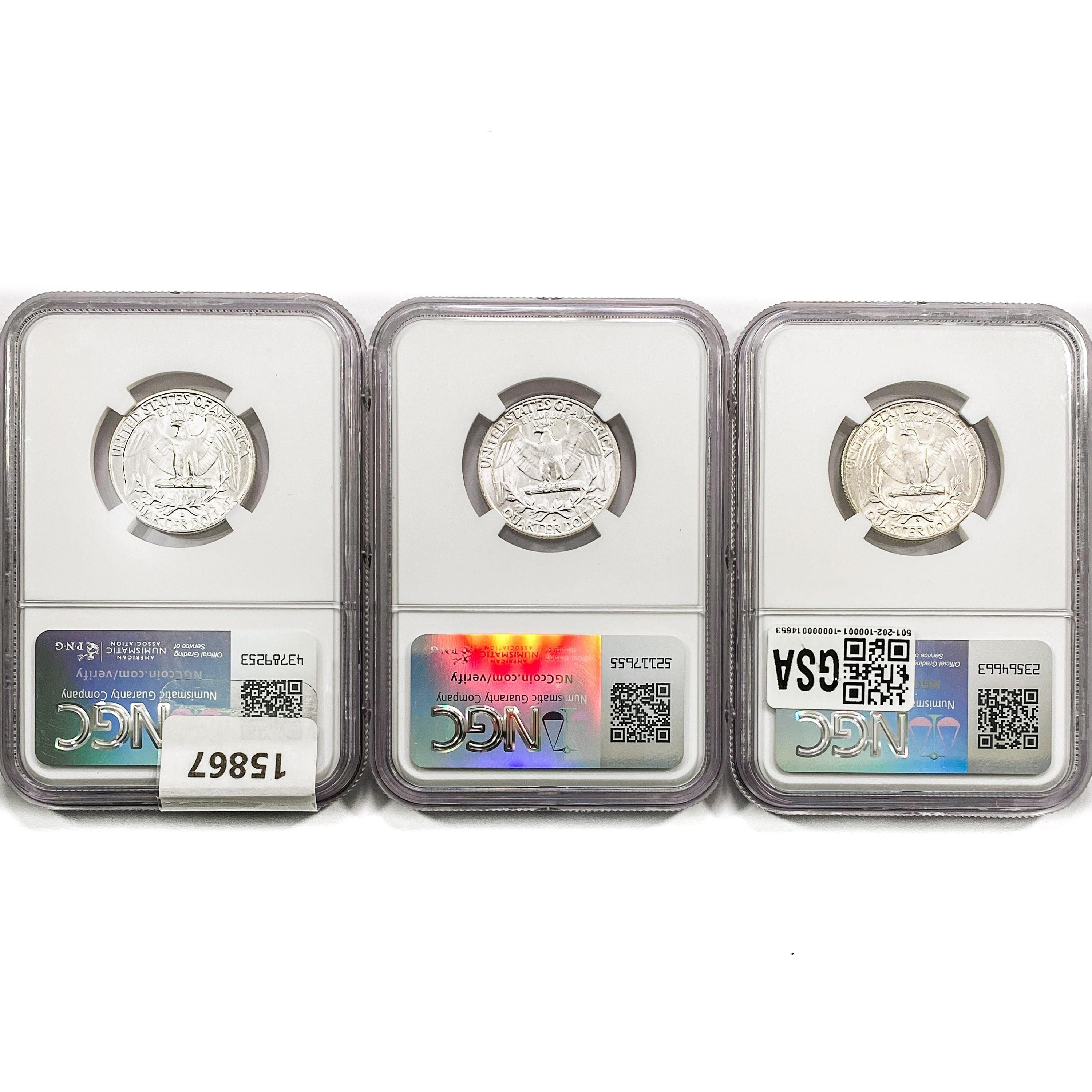 1948&1958 [3] Washington Silver Quarter NGC MS66