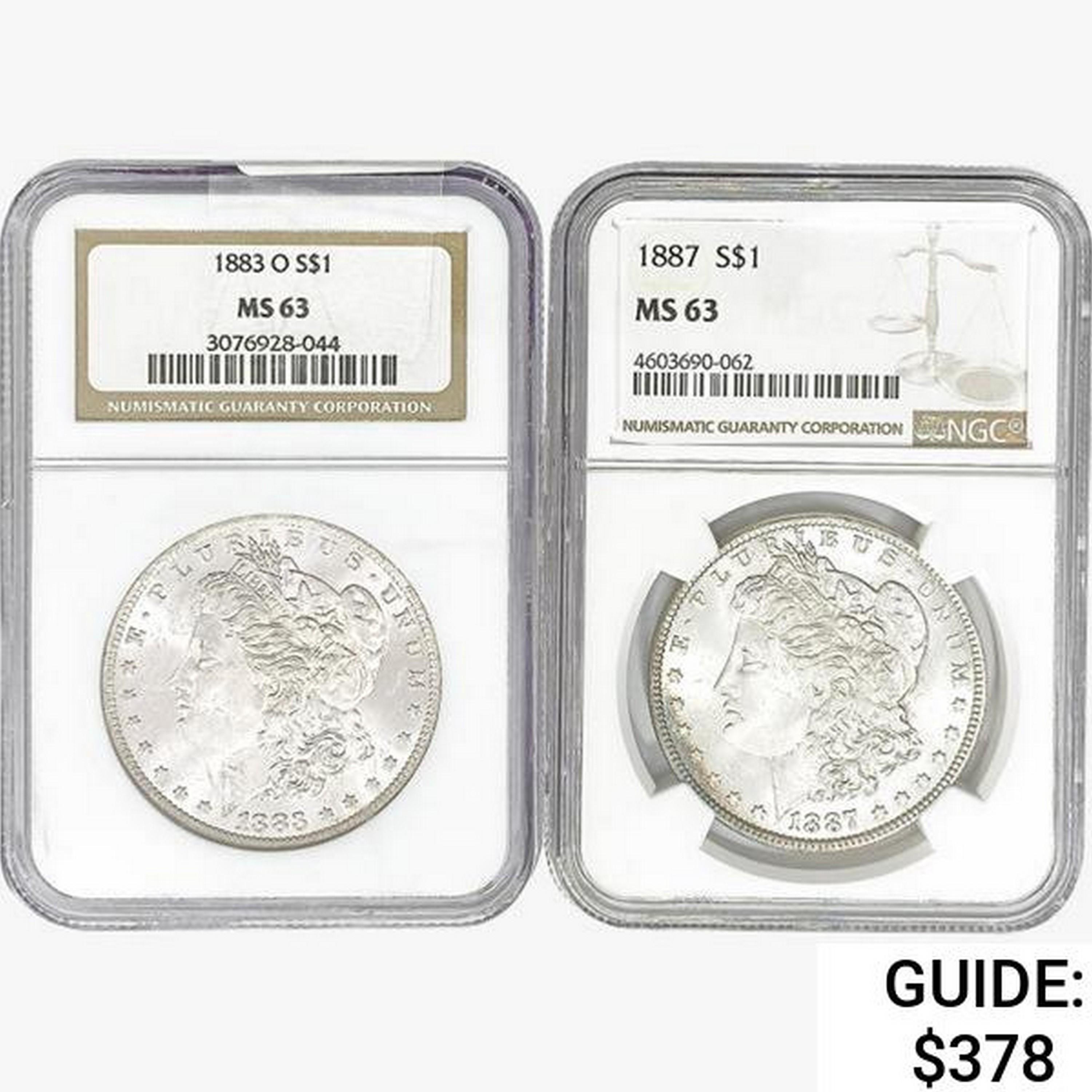 [2] Morgan Silver Dollars NGC MS63 [1883-O, 1887]