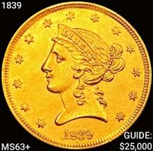 1839 $5 Gold Half Eagle CHOICE BU+