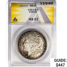 1921-D Morgan Silver Dollar ANACS MS63 VAM-2B