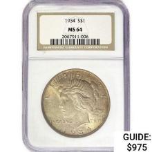 1934 Silver Peace Dollar NGC MS64