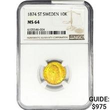 1874 .1296oz. Gold ST Sweden 10 Kroner NGC MS64