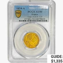 1824-A France 20 Francs .1867oz. Gold PCGS AU50