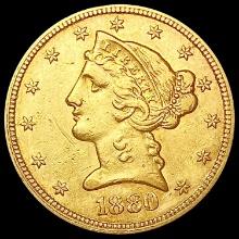 1880 $5 Gold Half Eagle CLOSELY UNCIRCULATED