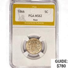 1866 Shield Nickel PGA MS62 Rays