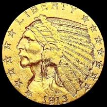 1913 $5 Gold Half Eagle LIGHTLY CIRCULATED