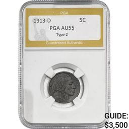 1913-D Buffalo Nickel PGA AU55 TYPE 2