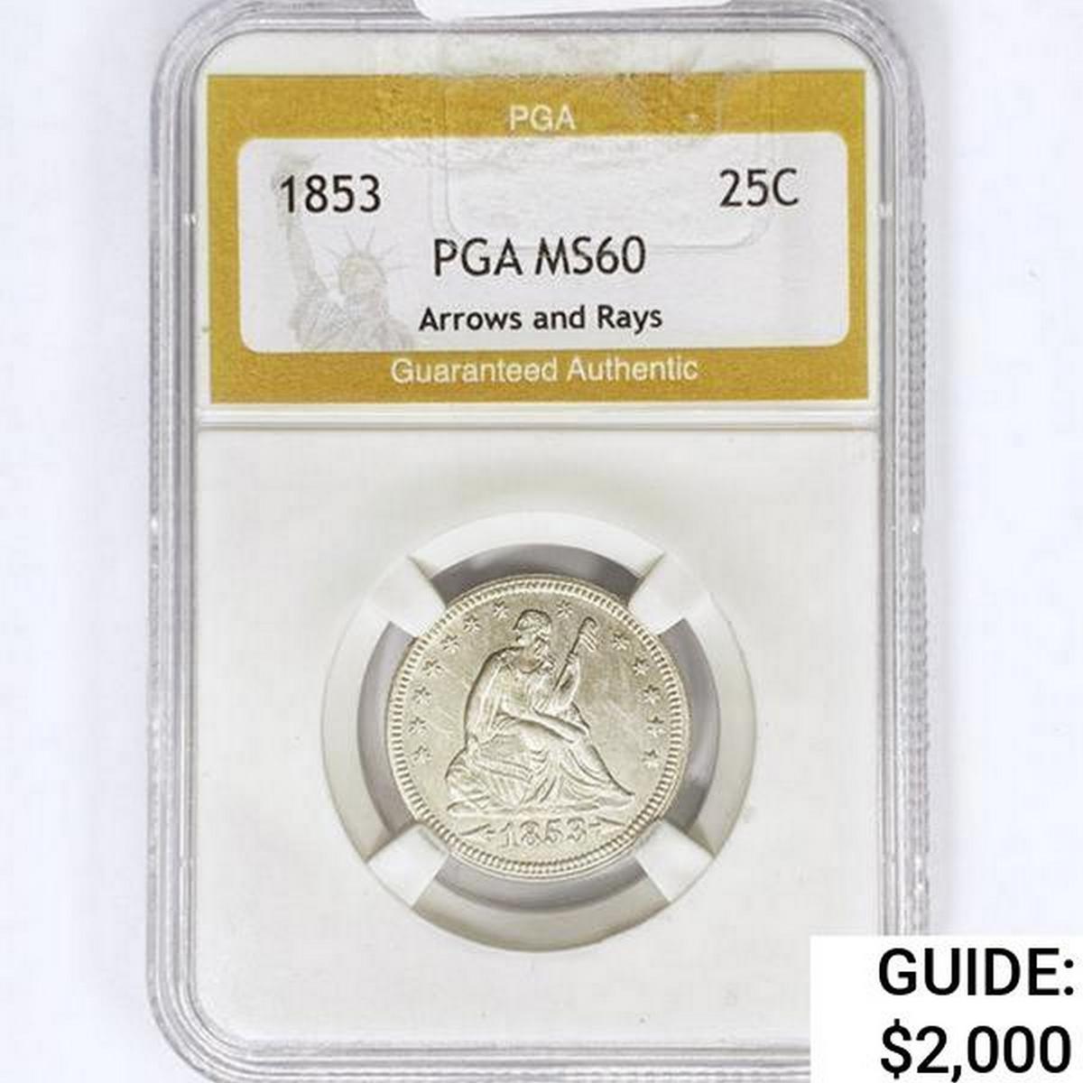 1853 Seated Liberty Quarter PGA MS60 Arrows & Rays