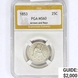 1853 Seated Liberty Quarter PGA MS60 Arrows & Rays