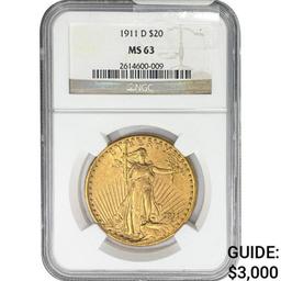 1911-D $20 Gold Double Eagle NGC MS63