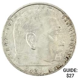 1937-A Germany Silver 2 Reichsmark CLOSELY UNCIRCULATED