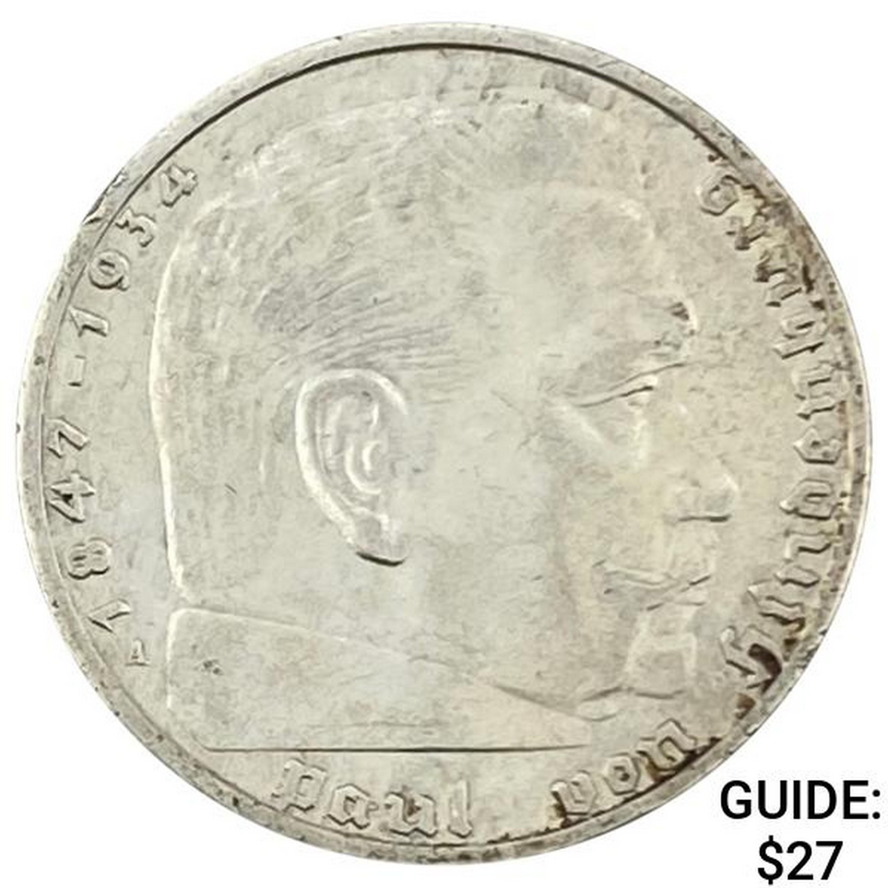 1937-A Germany Silver 2 Reichsmark CLOSELY UNCIRCULATED