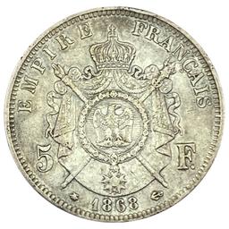 1868-A France Silver 5 Franc CLOSELY UNCIRCULATED