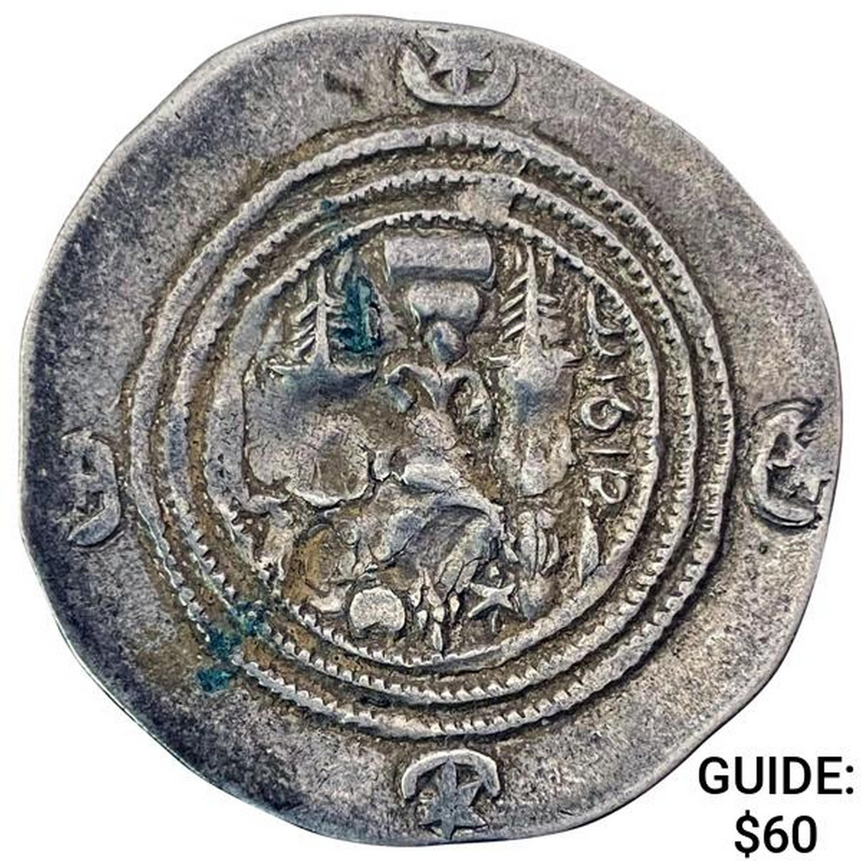 Sasanian Khusro II 591-628 AD Silver Drachm ABOUT UNCIRCULATED